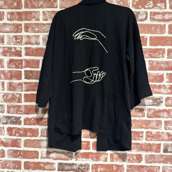 Dharana Movement Hand Embroidered Black Cotton Open Front Kimono Cardigan M/L - Picture 2 of 6